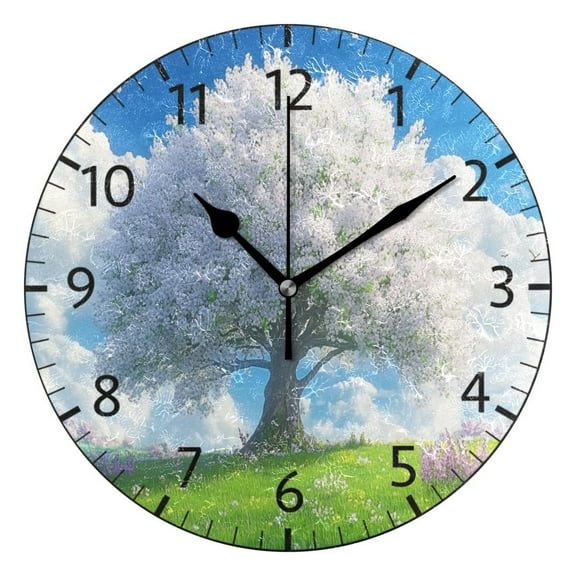 YAZAOO Decorative Wall Clock Size:25cm Blossoming Tree in Sunny Field Design Pattern Clock
