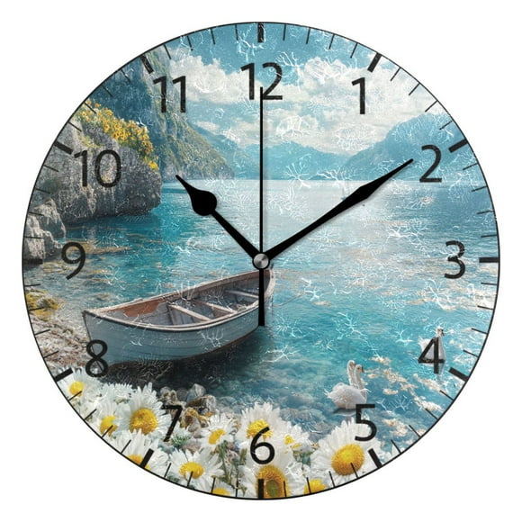 YAZAOO Decorative Wall Clock Size:25cm Boat Swans Flowers Mountains Lake Design Pattern Clock