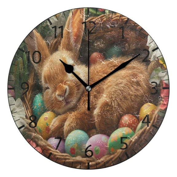 YAZAOO Decorative Wall Clock Size：25cm Bunny Sleeping with Easter Eggs Design Pattern Clock