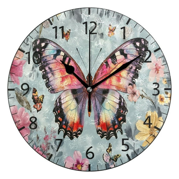 YAZAOO Decorative Wall Clock Size:25cm Butterfly Surrounded by Colorful Flowers Design Pattern Clock