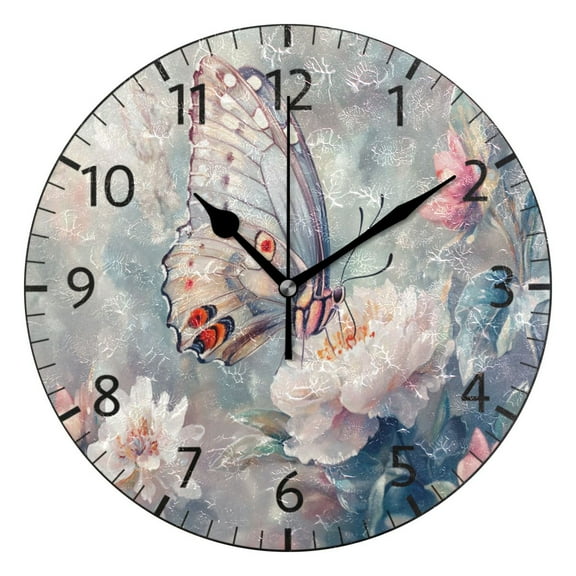 YAZAOO Decorative Wall Clock Size：25cm Butterfly on Flowers Pastel Design Pattern Clock