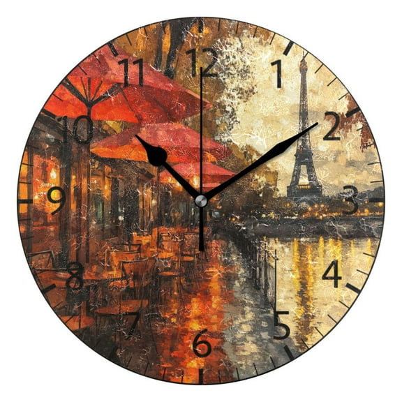 YAZAOO Decorative Wall Clock Size:25cm Cafe by Tower Evening Scene Design Pattern Clock