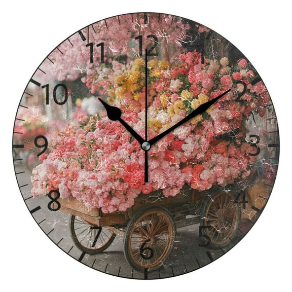 YAZAOO Decorative Wall Clock Size：25cm Cart Filled with Colorful Flowers Design Pattern Clock