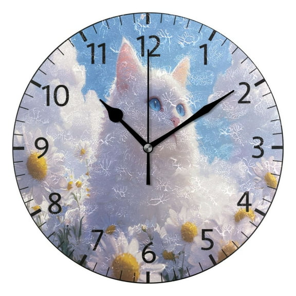 YAZAOO Decorative Wall Clock Size：25cm Cat Among Daisies and Clouds Design Pattern Clock