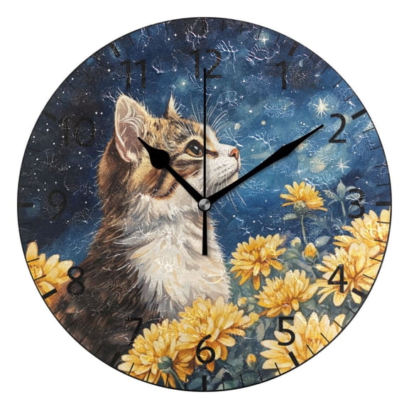 YAZAOO Decorative Wall Clock Size：25cm Cat Among Flowers under Stars Design Pattern Clock