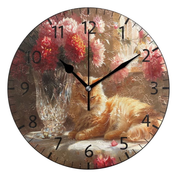 YAZAOO Decorative Wall Clock Size:25cm Cat Resting Near Flowers Design Pattern Clock
