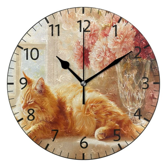 YAZAOO Decorative Wall Clock Size：25cm Cat Sleeping Beside Flowers Design Pattern Clock