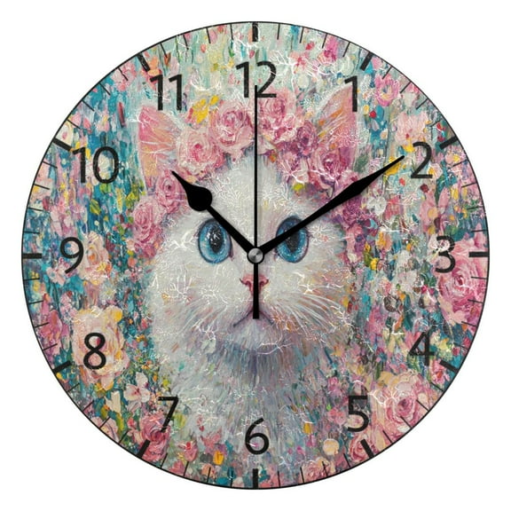 YAZAOO Decorative Wall Clock Size：25cm Cat Surrounded by Pink Roses Design Pattern Clock