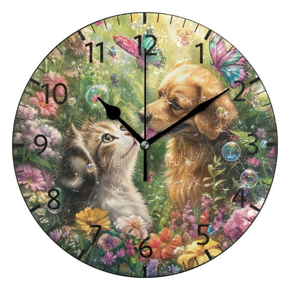 YAZAOO Decorative Wall Clock Size：25cm Cat and Dog in Garden Design Pattern Clock