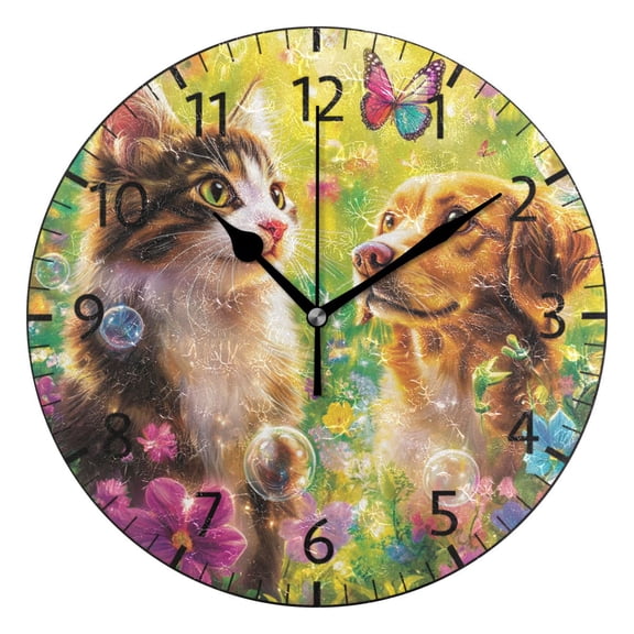 YAZAOO Decorative Wall Clock Size：25cm Cat and Dog with Butterflies Design Pattern Clock