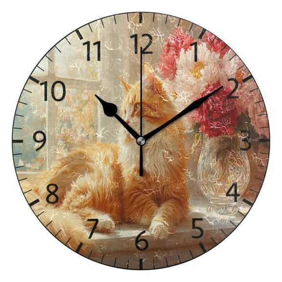 YAZAOO Decorative Wall Clock Size：25cm Cat by Window with Flowers Design Pattern Clock