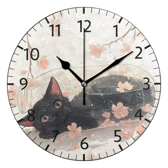 YAZAOO Decorative Wall Clock Size:25cm Cat in Bloom Design Pattern Clock