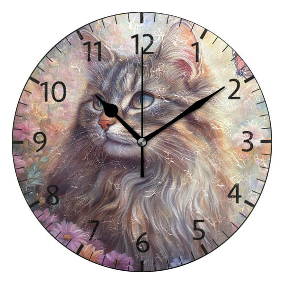 YAZAOO Decorative Wall Clock Size:25cm Cat in Flower Field Design Pattern Clock