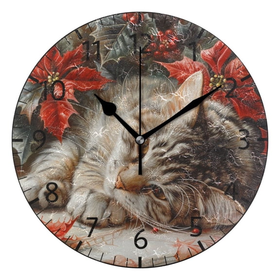 YAZAOO Decorative Wall Clock Size：25cm Cat with Poinsettias Design Pattern Clock