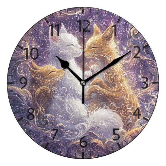 YAZAOO Decorative Wall Clock Size：25cm Cats Embracing in Cosmic Swirls Design Pattern Clock