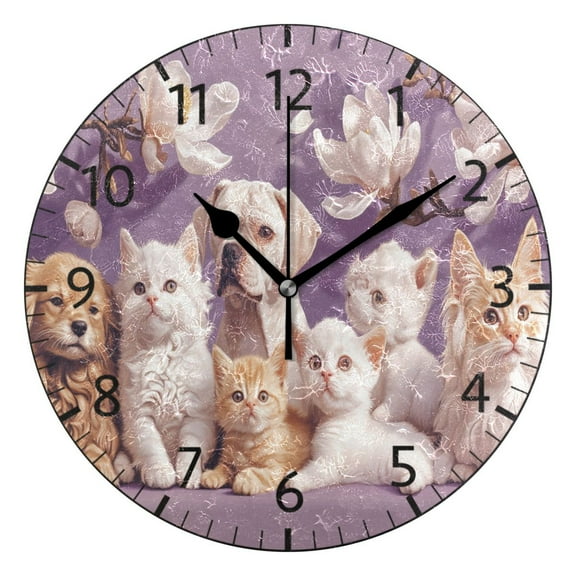 YAZAOO Decorative Wall Clock Size：25cm Cats and Dogs Among Flowers Design Pattern Clock