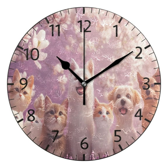YAZAOO Decorative Wall Clock Size：25cm Cats and Dogs with Flowers Design Pattern Clock