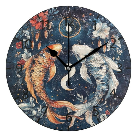 YAZAOO Decorative Wall Clock Size：25cm Celestial Koi Synchronicity Design Pattern Clock