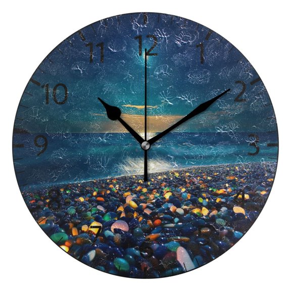YAZAOO Decorative Wall Clock Size：25cm Colorful Stones on Moonlit Beach Design Pattern Clock
