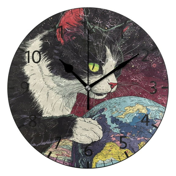 YAZAOO Decorative Wall Clock Size：25cm Cosmic Cat Crew Design Pattern Clock