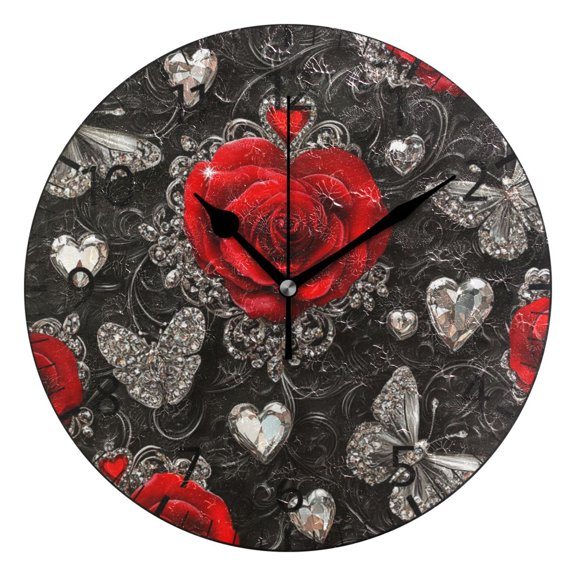 YAZAOO Decorative Wall Clock Size：25cm Crimson Elegance Design Pattern Clock