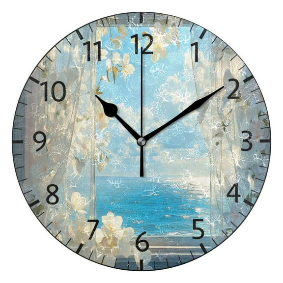 YAZAOO Decorative Wall Clock Size:25cm Curtains Flowers Ocean View Design Pattern Clock
