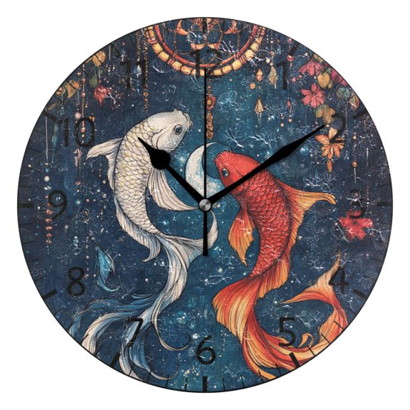 YAZAOO Decorative Wall Clock Size:25cm Dancing Koi Harmony Design Pattern Clock