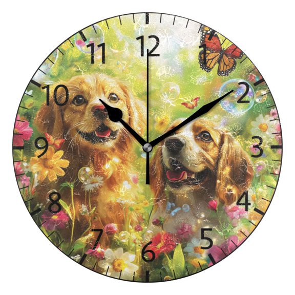 YAZAOO Decorative Wall Clock Size：25cm Dogs with Flowers and Butterflies Design Pattern Clock