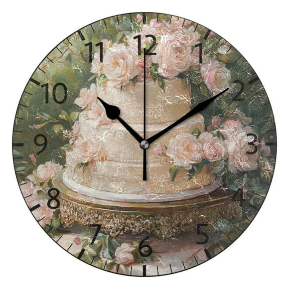 YAZAOO Decorative Wall Clock Size：25cm Floral Decorated Tiered Wedding Cake Design Pattern Clock