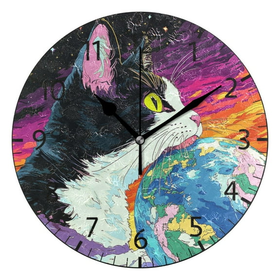 YAZAOO Decorative Wall Clock Size：25cm Galactic Feline Fleet Design Pattern Clock