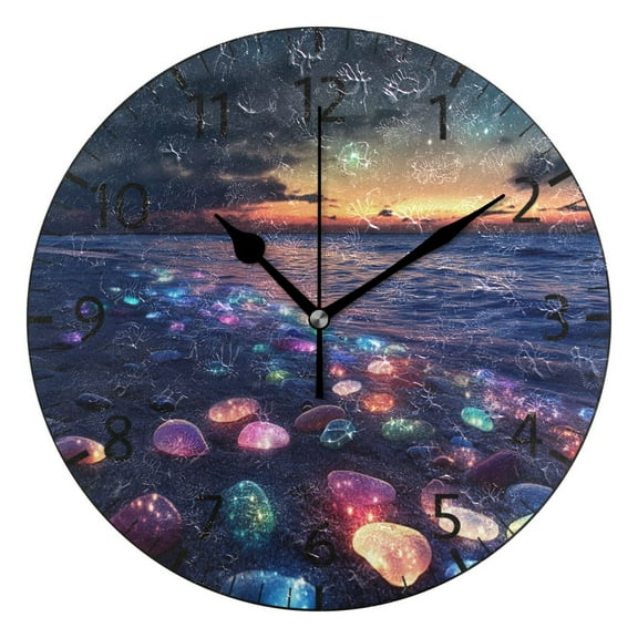 YAZAOO Decorative Wall Clock Size：25cm Glowing Stones on Beach at Sunset Design Pattern Clock