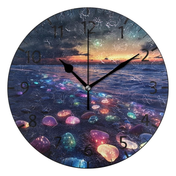 YAZAOO Decorative Wall Clock Size:25cm Glowing Stones on Beach at Sunset Design Pattern Clock