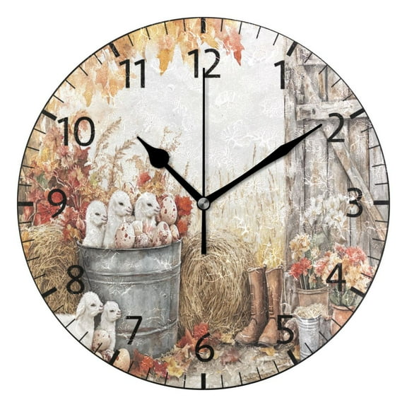YAZAOO Decorative Wall Clock Size:25cm Goats Eggs Autumn Leaves Barn Design Pattern Clock