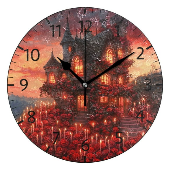 YAZAOO Decorative Wall Clock Sizeļ¼25cm Gothic House with Roses Candles Design Pattern Clock
