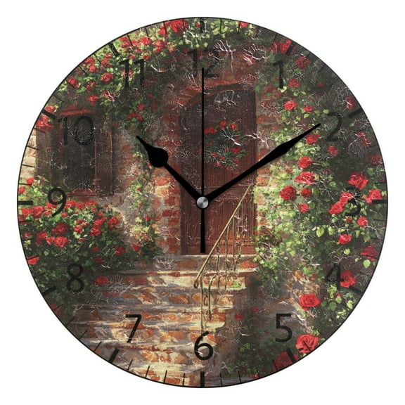 YAZAOO Decorative Wall Clock Size:25cm House Covered with Roses Design Pattern Clock