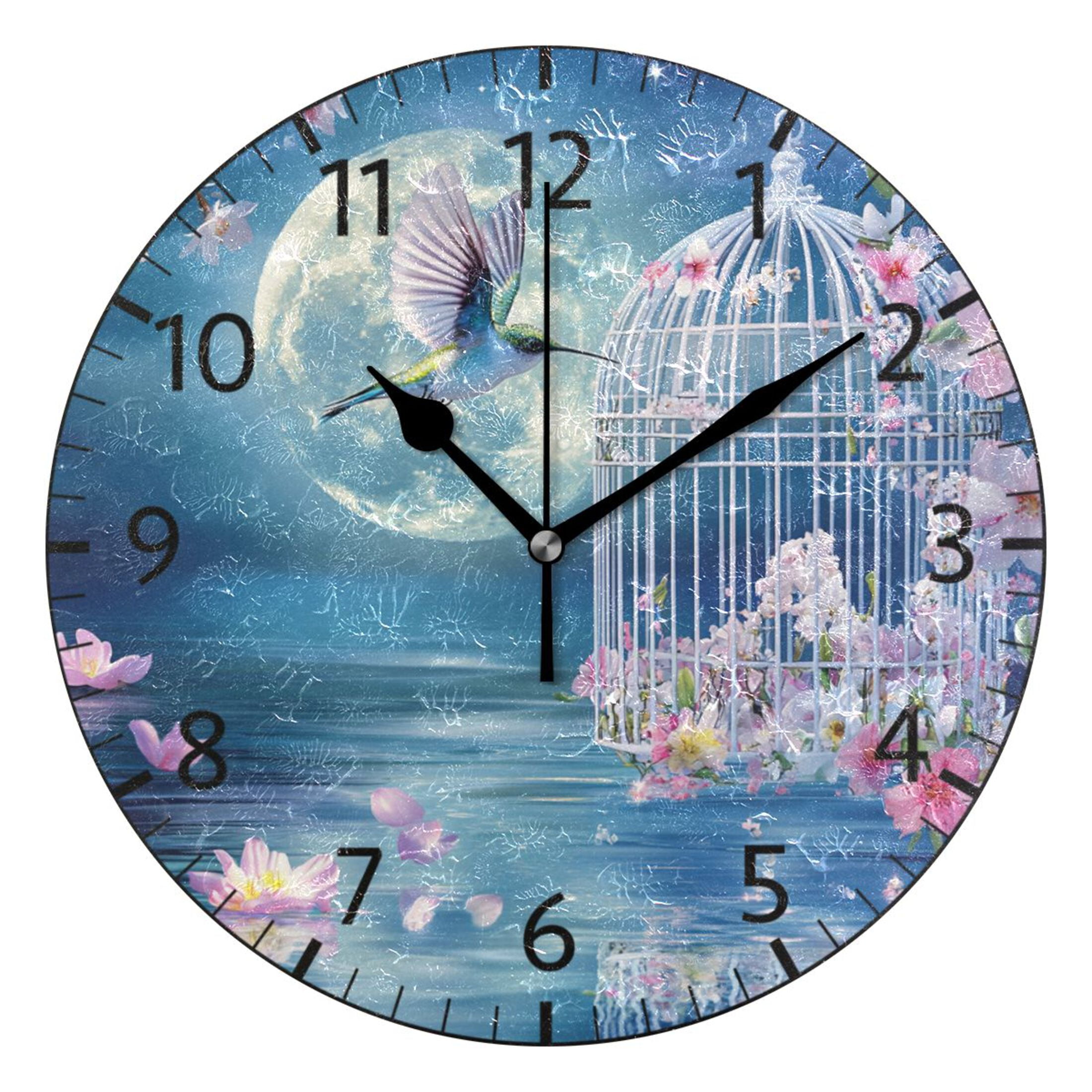 YAZAOO Decorative Wall Clock Size：25cm Hummingbird Cage Flowers Moonlit ...