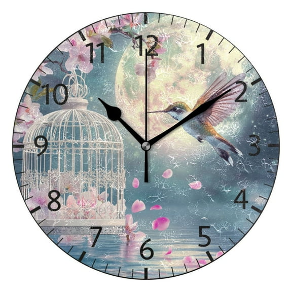 YAZAOO Decorative Wall Clock Size:25cm Hummingbird Flowers Moon Water Design Pattern Clock
