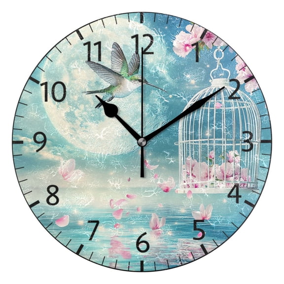 YAZAOO Decorative Wall Clock Size：25cm Hummingbird Moon Flowers Birdcage Water Design Pattern Clock