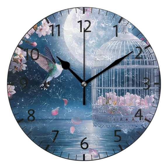 YAZAOO Decorative Wall Clock Size：25cm Hummingbird Moon Flowers Cage Water Design Pattern Clock
