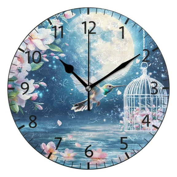 YAZAOO Decorative Wall Clock Size：25cm Hummingbird Moon Flowers Cage Water Design Pattern Clock