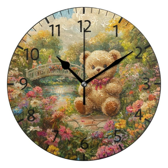 YAZAOO Decorative Wall Clock Size：25cm Joyful Bear in Bloom Design Pattern Clock