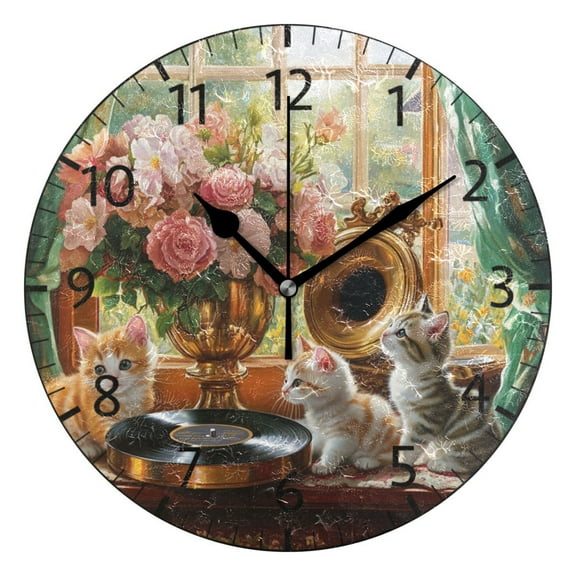 YAZAOO Decorative Wall Clock Size：25cm Kittens Flowers Gramophone Record Design Pattern Clock