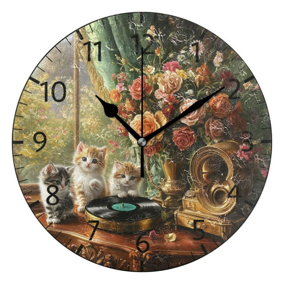 YAZAOO Decorative Wall Clock Size：25cm Kittens Flowers Gramophone Vintage Setting Design Pattern Clock