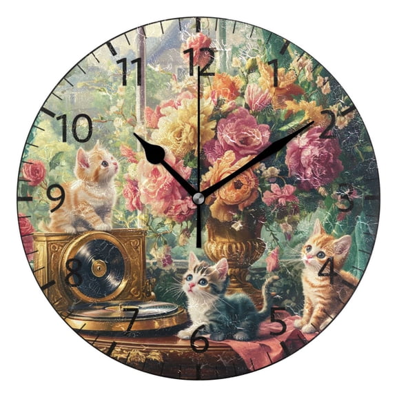 YAZAOO Decorative Wall Clock Size：25cm Kittens Gramophone and Flowers Design Pattern Clock
