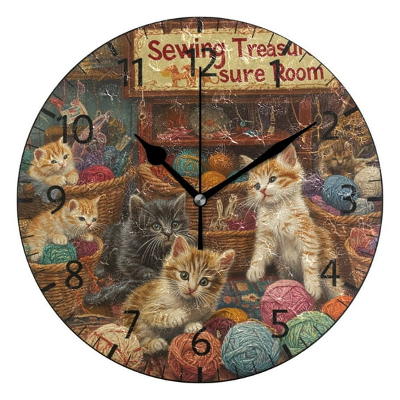 YAZAOO Decorative Wall Clock Size:25cm Kittens Playing with Colorful Yarn Design Pattern Clock