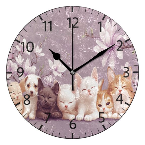 YAZAOO Decorative Wall Clock Size:25cm Kittens and Puppies with Flowers Design Pattern Clock