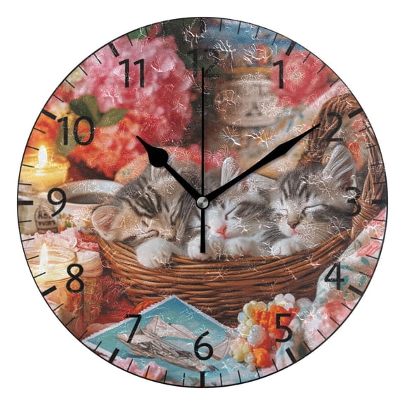 YAZAOO Decorative Wall Clock Size：25cm Kittens in Basket with Treats Design Pattern Clock