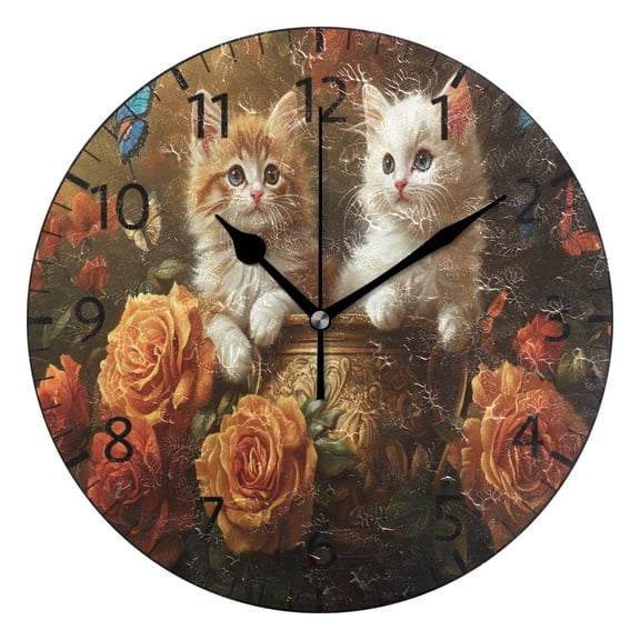 YAZAOO Decorative Wall Clock Size：25cm Kittens with Butterflies and Flowers Design Pattern Clock