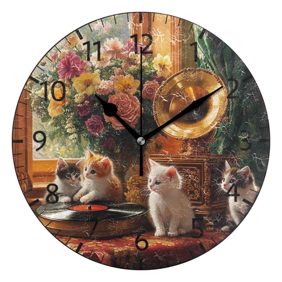 YAZAOO Decorative Wall Clock Size：25cm Kittens with Flowers and Gramophone Design Pattern Clock