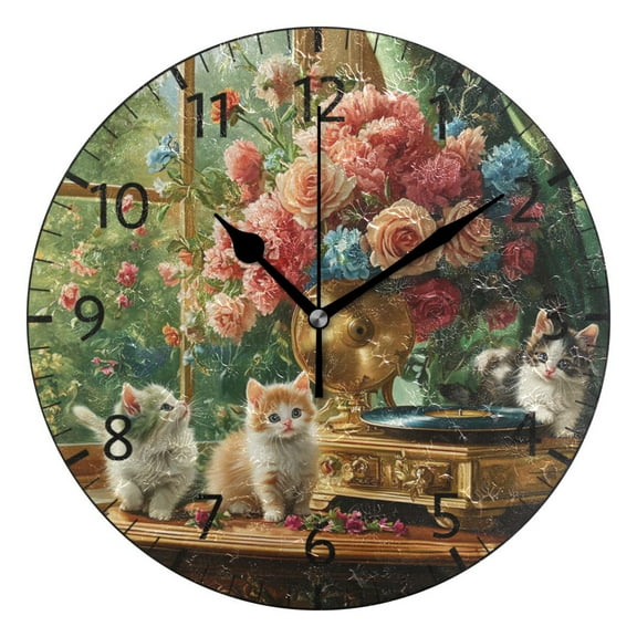 YAZAOO Decorative Wall Clock Size：25cm Kittens with Gramophone and Flowers Design Pattern Clock